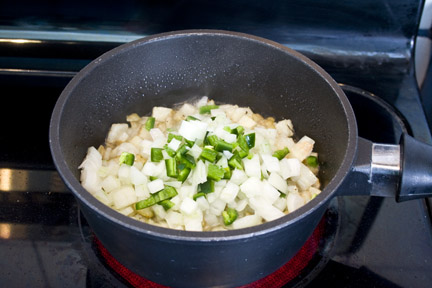 add jalapeno and onion to the pot