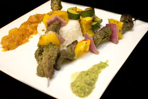 Cilantro Beef Kebobs with Mango Chutney