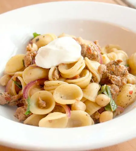 Sausage and Orecchiette with Red Onion, Garbanzos and Mint.